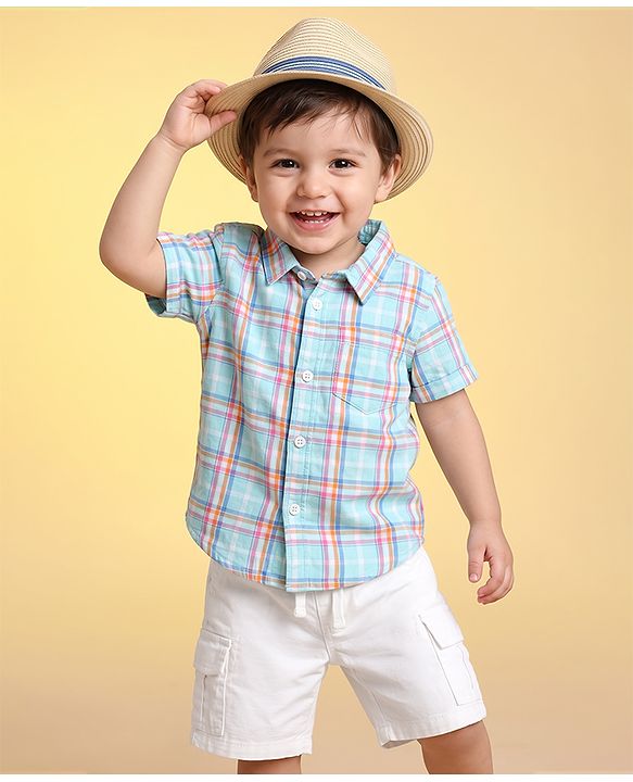 Babyhug 100% Cotton Woven Half Sleeves Checked Shirt & Shorts Set - White & Blue