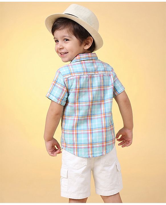 Babyhug 100% Cotton Woven Half Sleeves Checked Shirt & Shorts Set - White & Blue