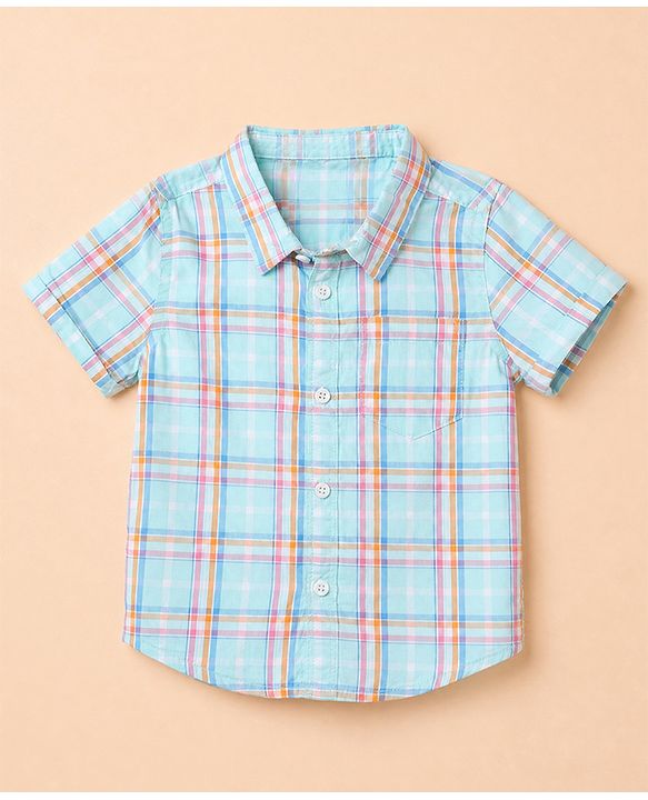 Babyhug 100% Cotton Woven Half Sleeves Checked Shirt & Shorts Set - White & Blue
