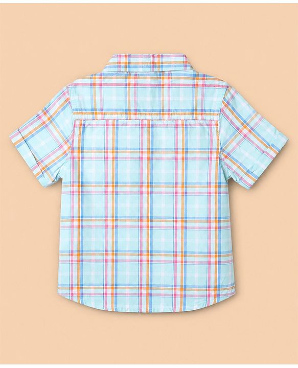 Babyhug 100% Cotton Woven Half Sleeves Checked Shirt & Shorts Set - White & Blue