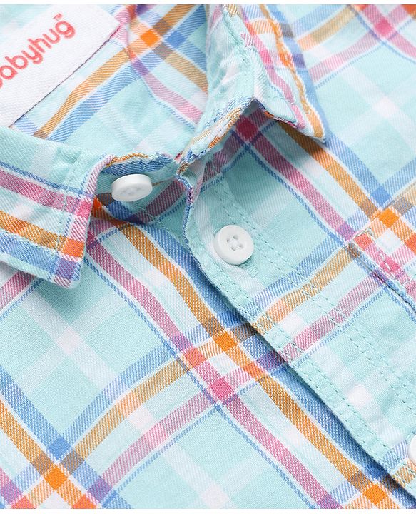 Babyhug 100% Cotton Woven Half Sleeves Checked Shirt & Shorts Set - White & Blue