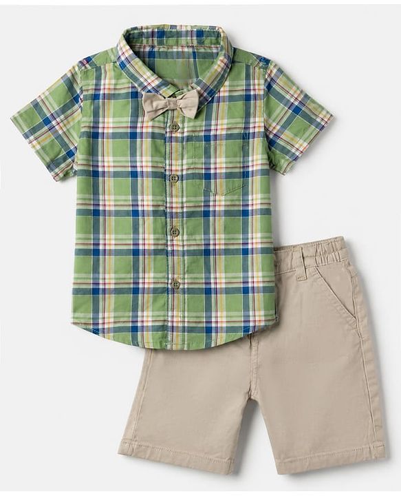 Babyhug Cotton Woven Half Sleeves Checked Shirt & Shorts Set - White & Green