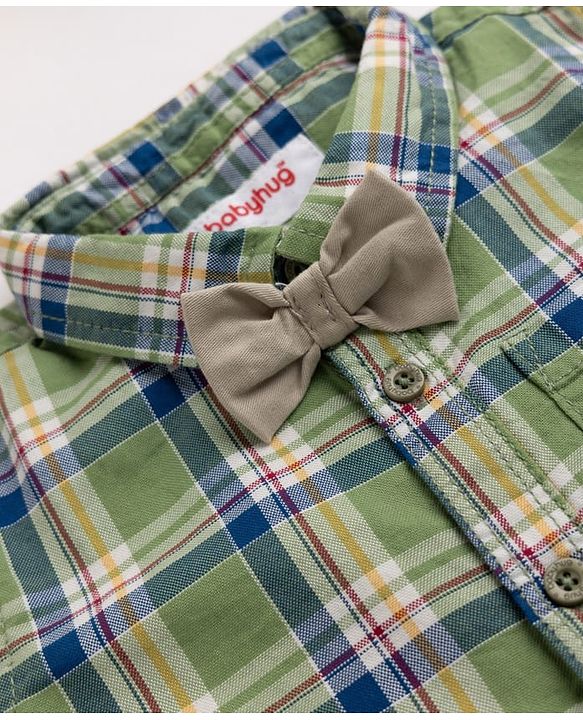 Babyhug Cotton Woven Half Sleeves Checked Shirt & Shorts Set - White & Green
