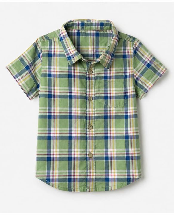 Babyhug Cotton Woven Half Sleeves Checked Shirt & Shorts Set - White & Green