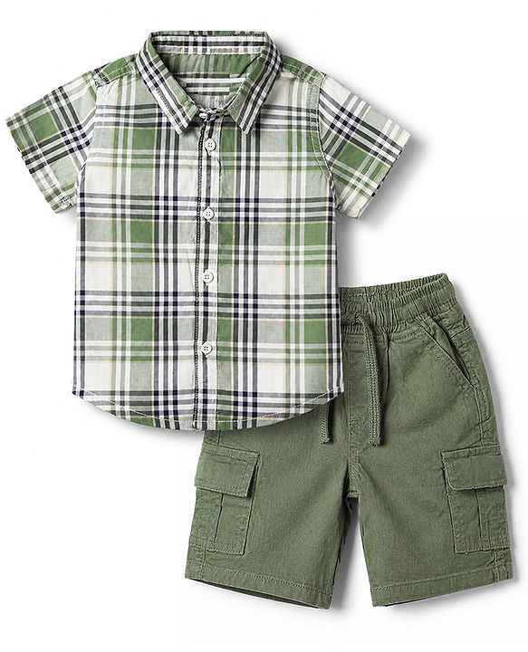 Babyhug 100% Cotton Woven Half Sleeves Shirt and Shorts with Checks - Green