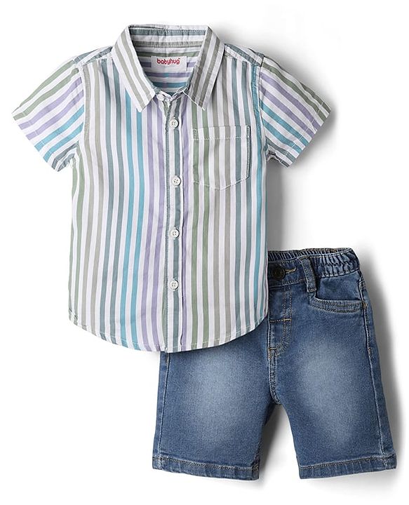 Babyhug 100% Cotton Woven Half Sleeves Striped Shirt & Shorts - Blue & White