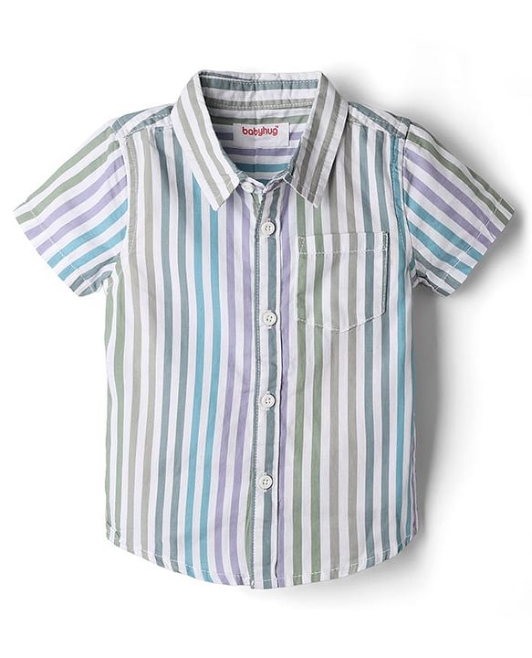 Babyhug 100% Cotton Woven Half Sleeves Striped Shirt & Shorts - Blue & White