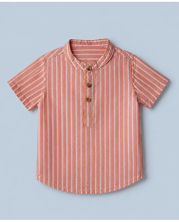 Babyhug 100% Cotton Woven Half Sleeves Striped Shirt and Shorts Set - Peach
