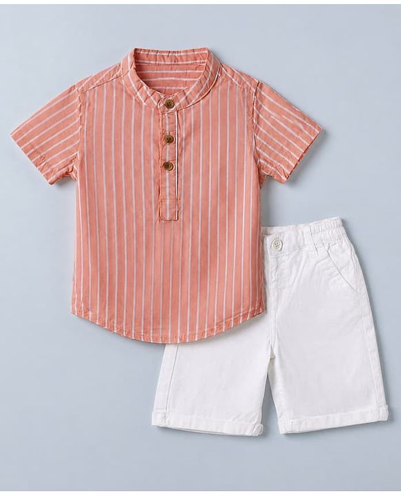 Babyhug 100% Cotton Woven Half Sleeves Striped Shirt and Shorts Set - Peach