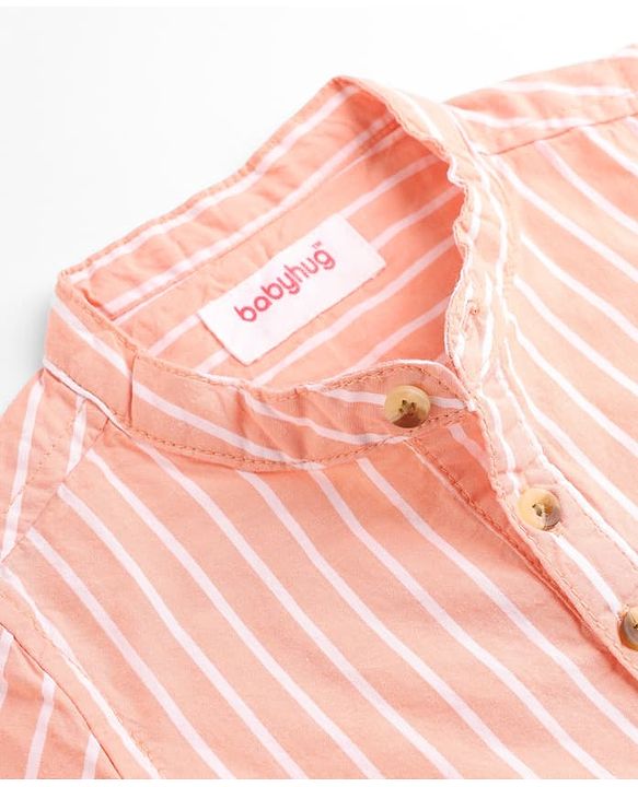 Babyhug 100% Cotton Woven Half Sleeves Striped Shirt and Shorts Set - Peach