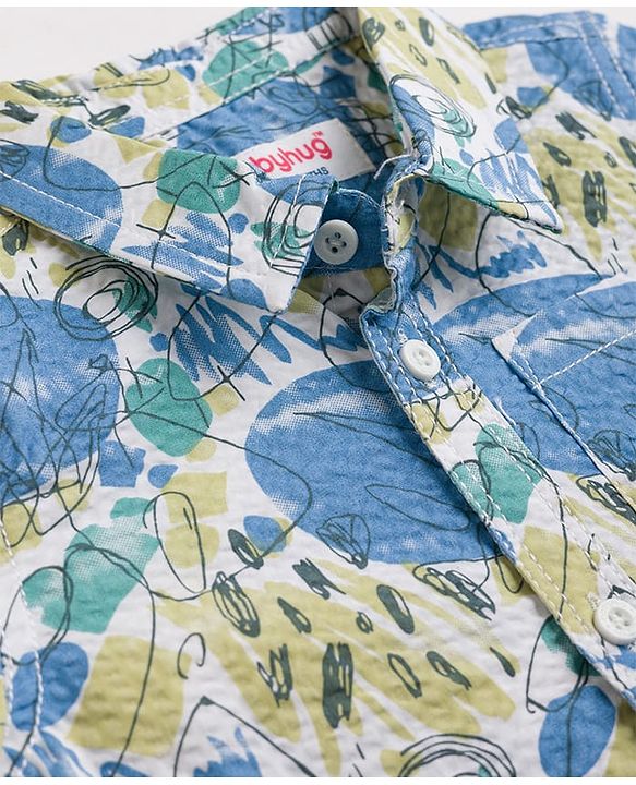 Babyhug Cotton Woven Half Sleeves Abstract Printed Shirt & Denim Shorts Set - Light Blue