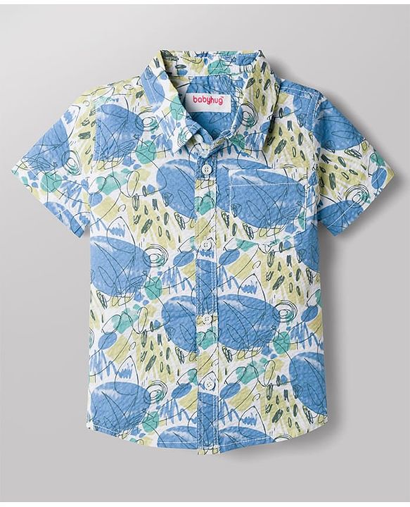 Babyhug Cotton Woven Half Sleeves Abstract Printed Shirt & Denim Shorts Set - Light Blue
