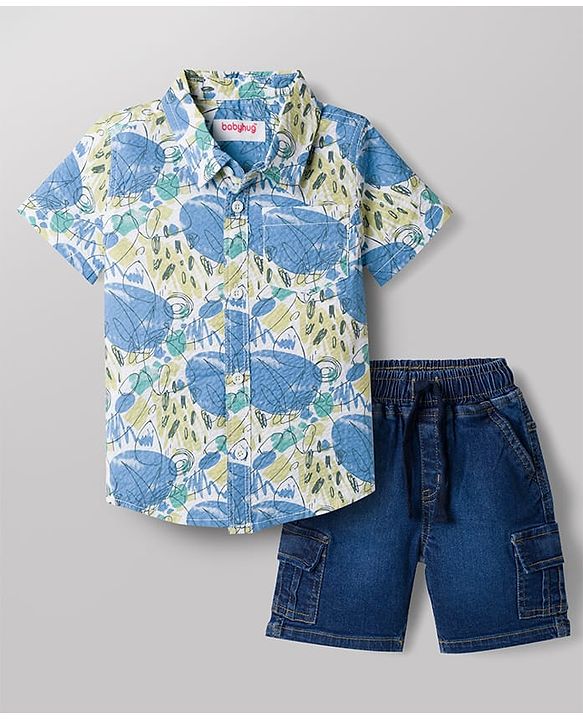 Babyhug Cotton Woven Half Sleeves Abstract Printed Shirt & Denim Shorts Set - Light Blue