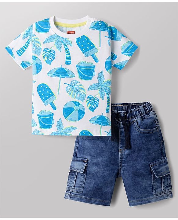 Babyhug Cotton Woven Half Sleeves T-Shirt & Denim Shorts Set with Beach Theme Print - White