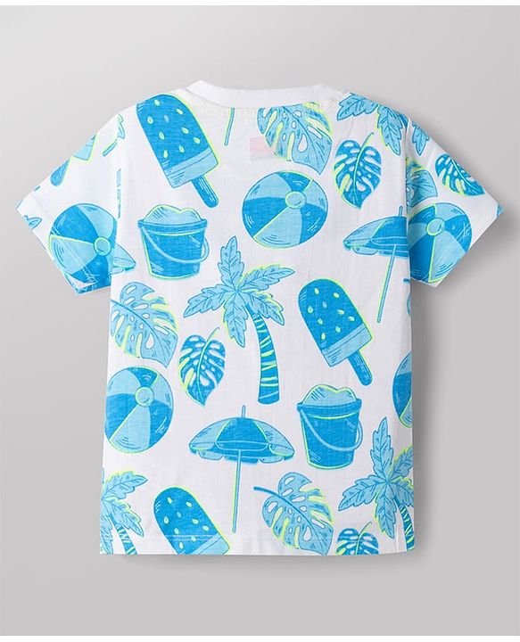 Babyhug Cotton Woven Half Sleeves T-Shirt & Denim Shorts Set with Beach Theme Print - White