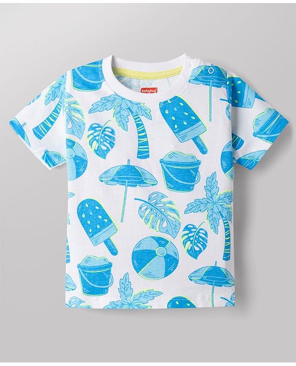 Babyhug Cotton Woven Half Sleeves T-Shirt & Denim Shorts Set with Beach Theme Print - White