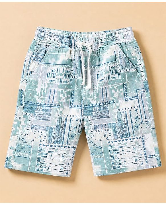 Babyhug 100% Cotton Woven Half Sleeves Co-Ords Shirt and Shorts with Geometric Print - Light Blue