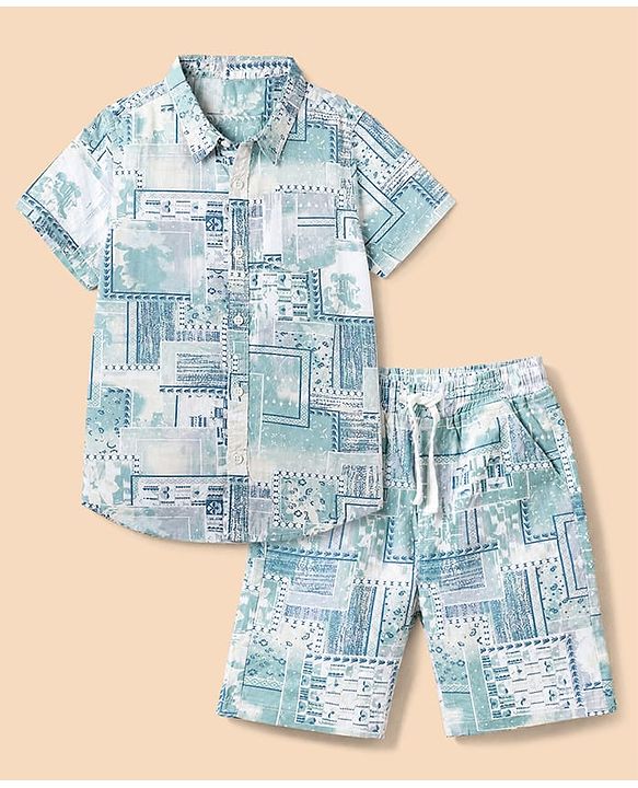 Babyhug 100% Cotton Woven Half Sleeves Co-Ords Shirt and Shorts with Geometric Print - Light Blue