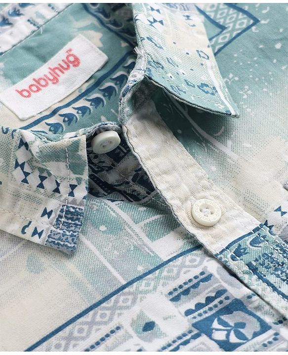 Babyhug 100% Cotton Woven Half Sleeves Co-Ords Shirt and Shorts with Geometric Print - Light Blue