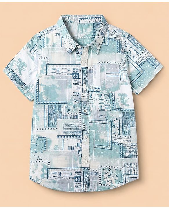 Babyhug 100% Cotton Woven Half Sleeves Co-Ords Shirt and Shorts with Geometric Print - Light Blue