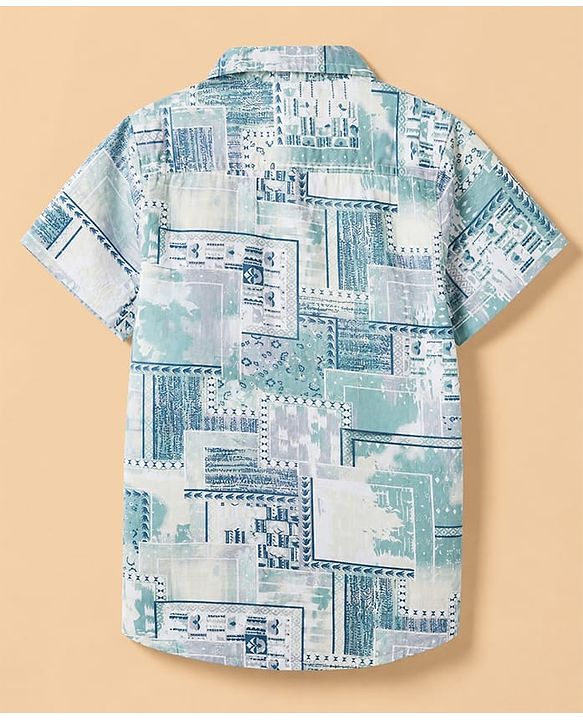 Babyhug 100% Cotton Woven Half Sleeves Co-Ords Shirt and Shorts with Geometric Print - Light Blue