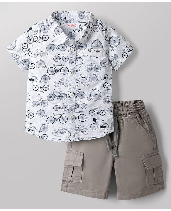Babyhug 100% Cotton Woven Half Sleeves Shirt & Shorts Set with Bicycle Print - Grey