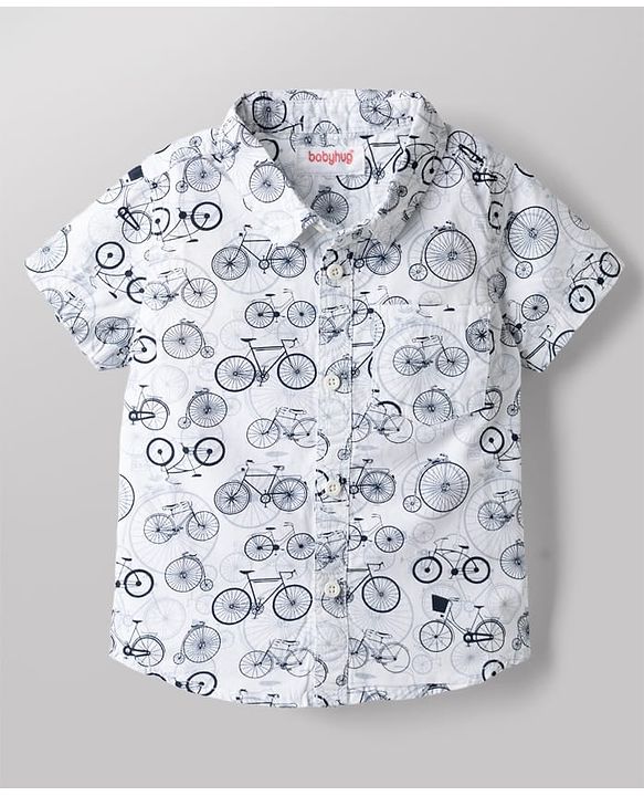 Babyhug 100% Cotton Woven Half Sleeves Shirt & Shorts Set with Bicycle Print - Grey