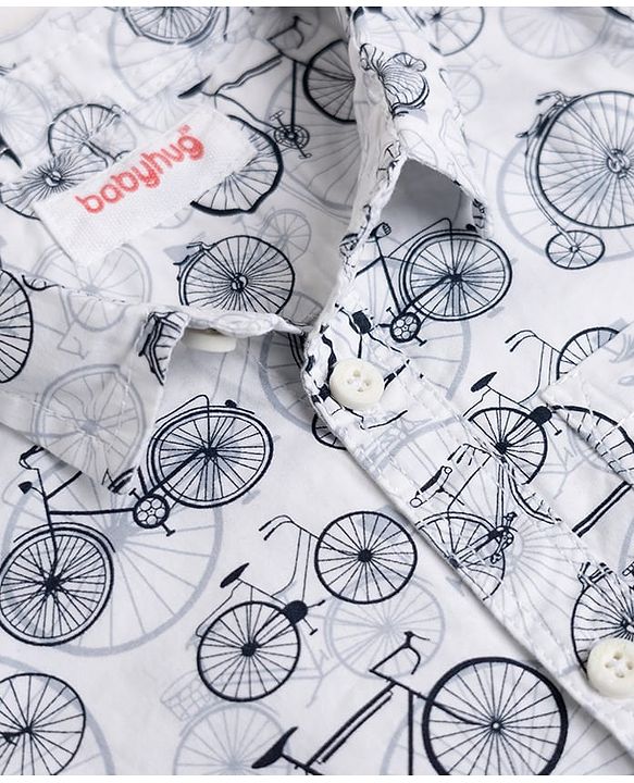 Babyhug 100% Cotton Woven Half Sleeves Shirt & Shorts Set with Bicycle Print - Grey