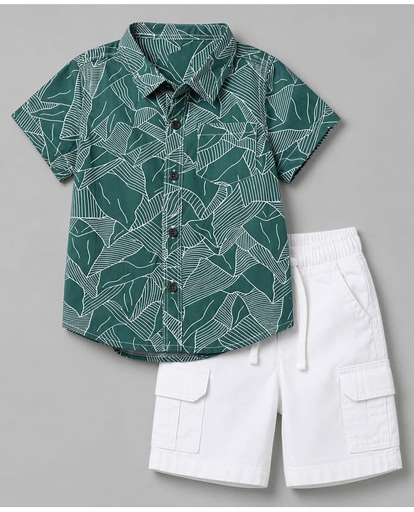 Babyhug 100% Cotton Woven Half Sleeves Abstract Printed Shirt & Shorts With Cargo Pockets - White & Green