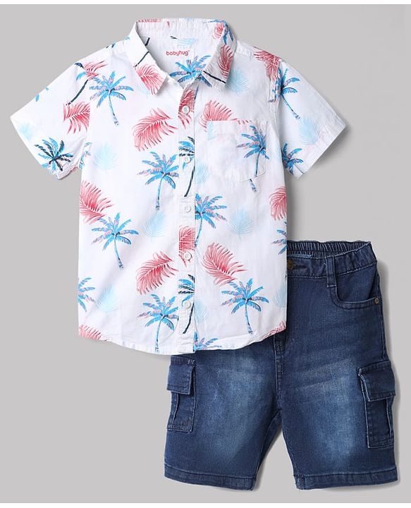 Babyhug Cotton Blend Woven Half Sleeves Shirt and Denim Shorts With Floral Print - White