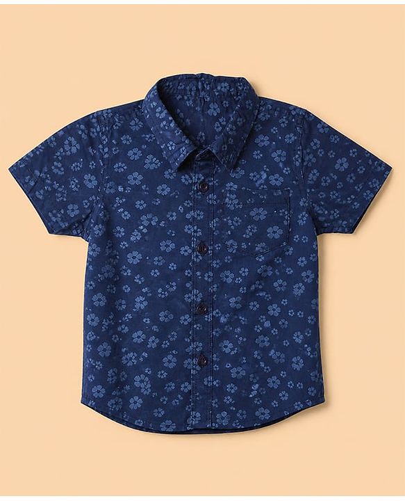 Babyhug 100% Cotton Woven Half Sleeves Shirt and Shorts Set With Floral Print - Blue & White