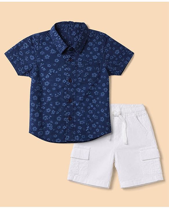 Babyhug 100% Cotton Woven Half Sleeves Shirt and Shorts Set With Floral Print - Blue & White