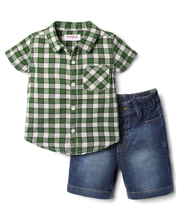 Babyhug Cotton Woven Denim Half Sleeves Checked Shirt and Shorts Set - Green & Blue