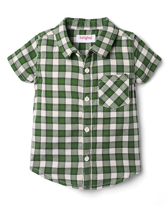 Babyhug Cotton Woven Denim Half Sleeves Checked Shirt and Shorts Set - Green & Blue