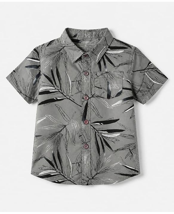 Babyhug 100% Cotton Woven Half Sleeves Shirt and Jogger with Leaves Print - Grey