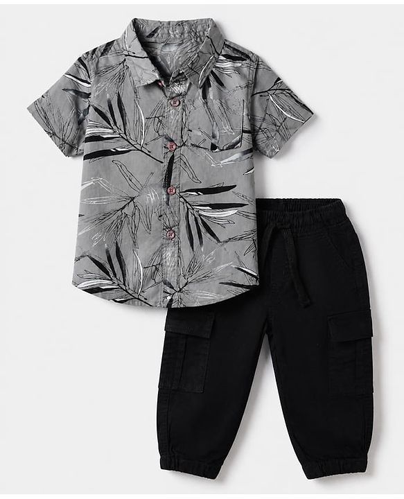 Babyhug 100% Cotton Woven Half Sleeves Shirt and Jogger with Leaves Print - Grey