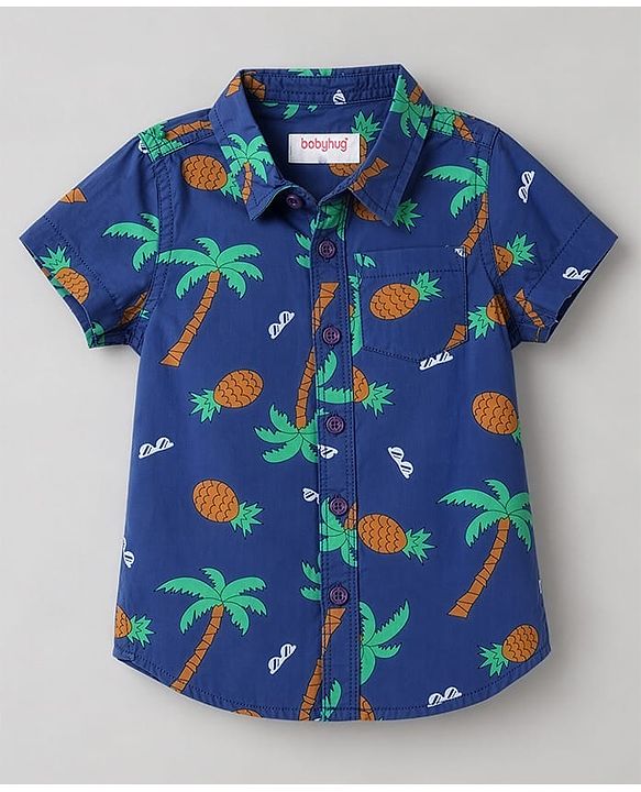 Babyhug Cotton Woven Half Sleeves Shirt and Shorts with Pineapples and Palm Trees Print in Blue for 9-12 Months