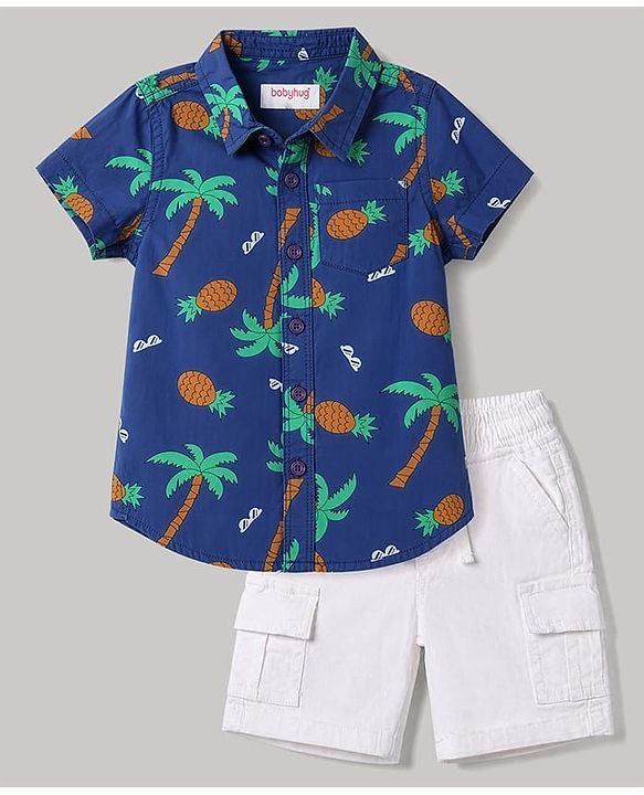 Babyhug Cotton Woven Half Sleeves Shirt and Shorts with Pineapples and Palm Trees Print in Blue for 9-12 Months