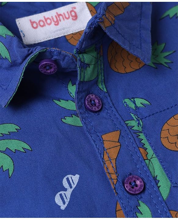 Babyhug Cotton Woven Half Sleeves Shirt and Shorts with Pineapples and Palm Trees Print in Blue for 9-12 Months