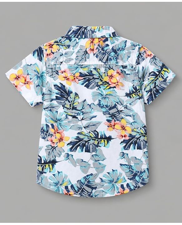 Babyhug 100% Cotton Woven Half Sleeves Floral Printed Shirt & Shorts With Cargo Pockets - Blue & White