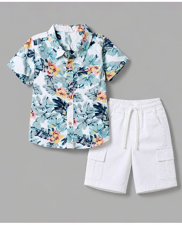 Babyhug 100% Cotton Woven Half Sleeves Floral Printed Shirt & Shorts With Cargo Pockets - Blue & White