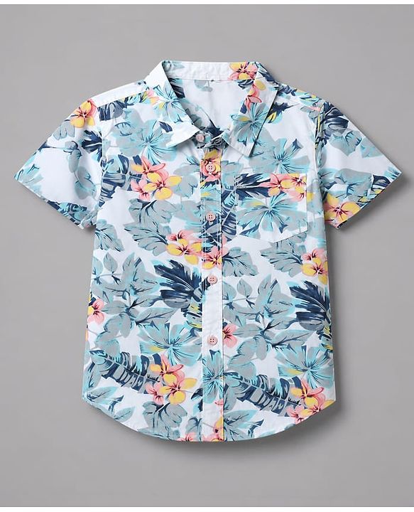 Babyhug 100% Cotton Woven Half Sleeves Floral Printed Shirt & Shorts With Cargo Pockets - Blue & White