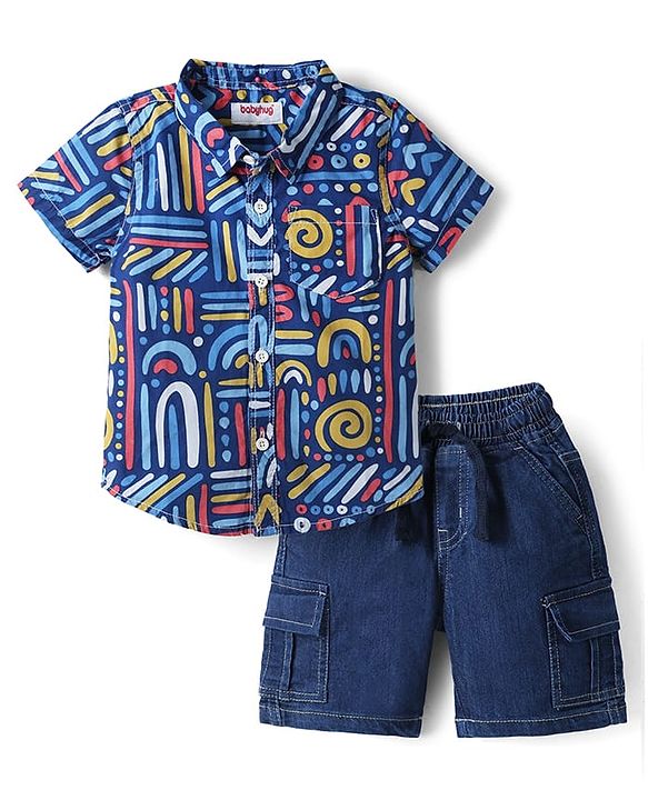 Babyhug Cotton Woven Half Sleeves Shirt and Shorts Set With Abstract Print in Blue