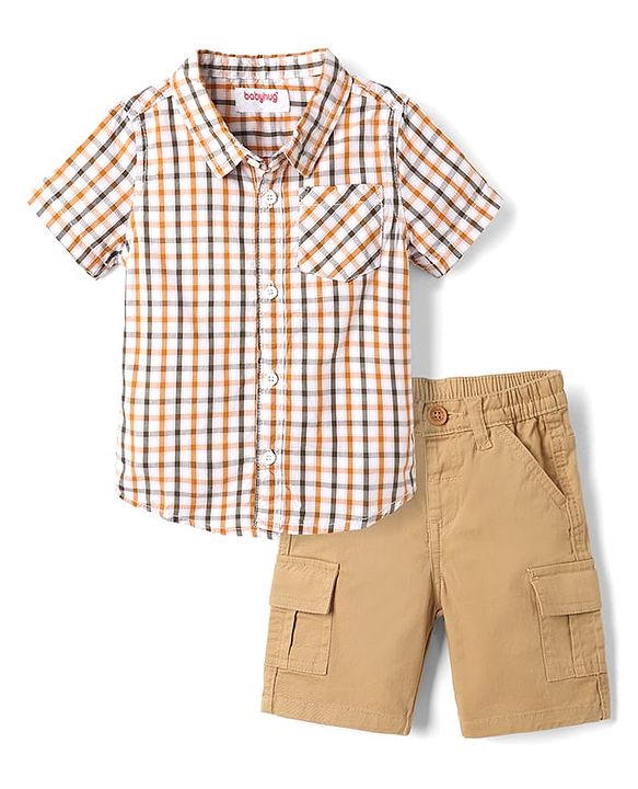 Babyhug 100% Cotton Woven Half Sleeves Shirt and Shorts Set with Checks - Beige