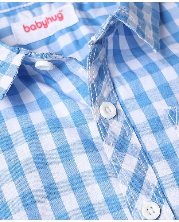 Babyhug Cotton Blend Woven Half Sleeves Checked Shirt and Denim Shorts - Blue