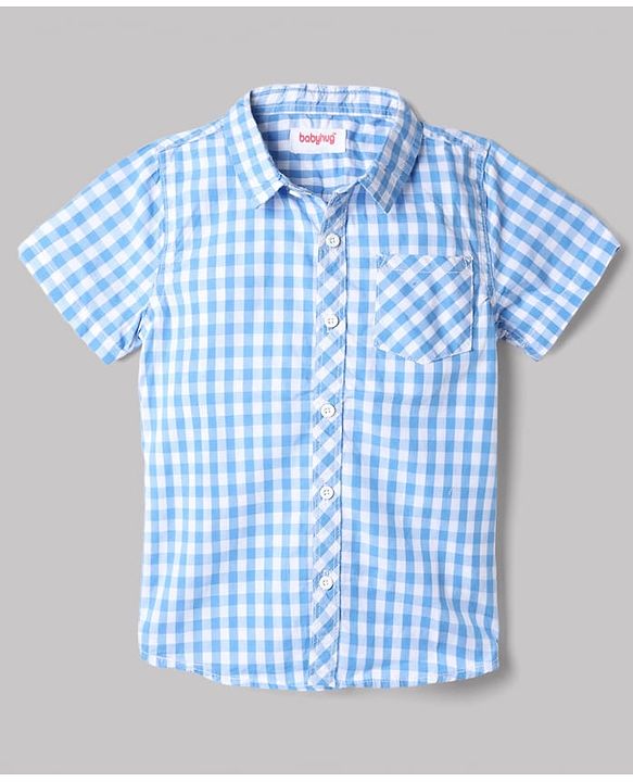 Babyhug Cotton Blend Woven Half Sleeves Checked Shirt and Denim Shorts - Blue