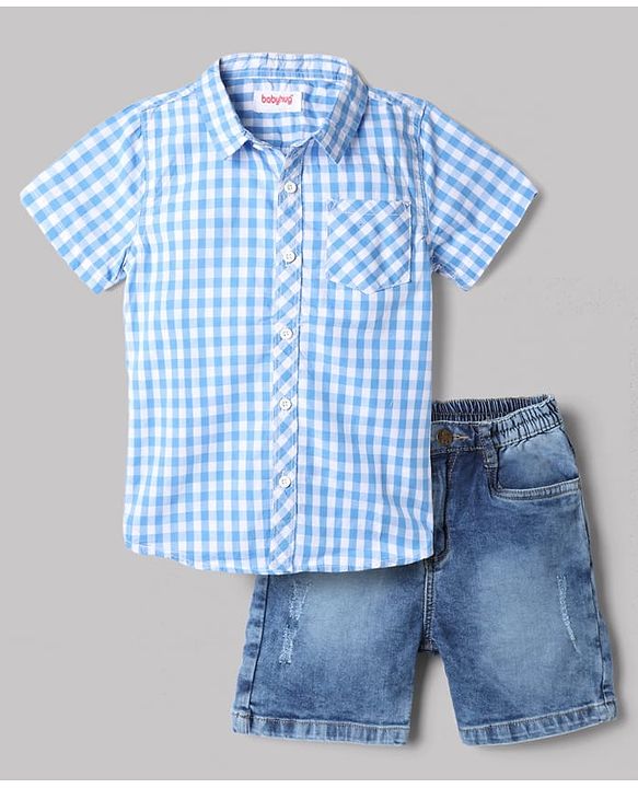 Babyhug Cotton Blend Woven Half Sleeves Checked Shirt and Denim Shorts - Blue