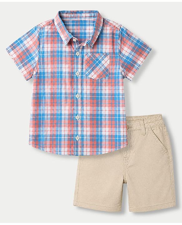 Babyhug 100% Cotton Woven Half Sleeves Shirt and Shorts with Checks - Beige