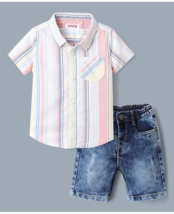 Babyhug Woven Half Sleeves Striped Shirt and Denim Shorts Set - White
