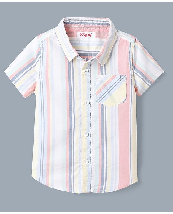 Babyhug Woven Half Sleeves Striped Shirt and Denim Shorts Set - White